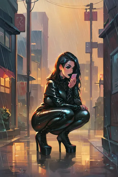 a woman in a black leather outfit squatting down on a city street