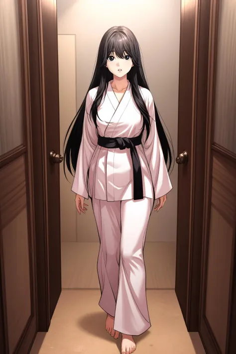 a woman in a kimono outfit walking down a hallway