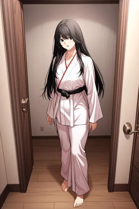 anime girl in white kimono standing in a doorway