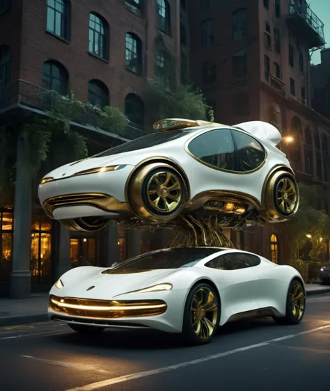 , <lora:DonMG414XL:1> ,magical, whimsical, fairytale, fantasy,        white and brass science fiction hovering industrial luxury car by a downtown hotel, science fiction, night time, volumetric light, dutch angle, cinematic angle