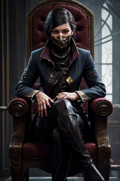 (masterpiece, best quality:1.2), absurdres, highres,sharp focus, gorgeous detail face,gorgeous detail eyes,masterpiece, best quality, absurdres,
1girl, ekaldwin, leather outfit, mask, indoors,sitting,crossed legs,throne room,<lora:EmilyKaldwin:1>,
<lora:ad...