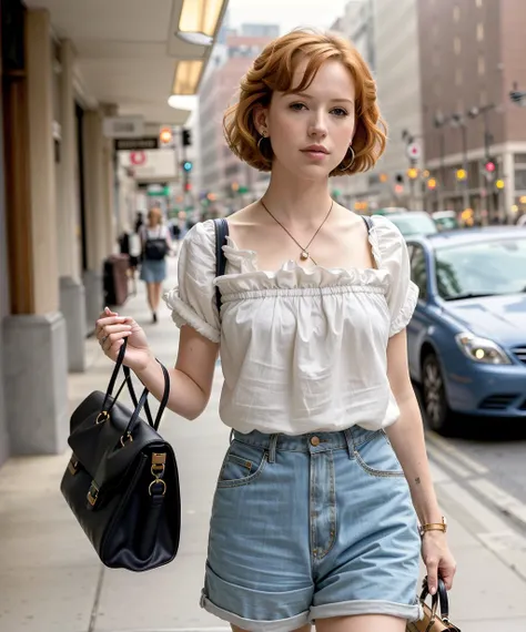 m0lly, a mature woman walking down a sidewalk with a purse and a purse on her shoulder and a handbag on her hip, american barbizon school, a picture, fashion, (high detailed skin:1.2), 8k uhd, dslr, soft lighting, high quality, film grain, Fujifilm XT3