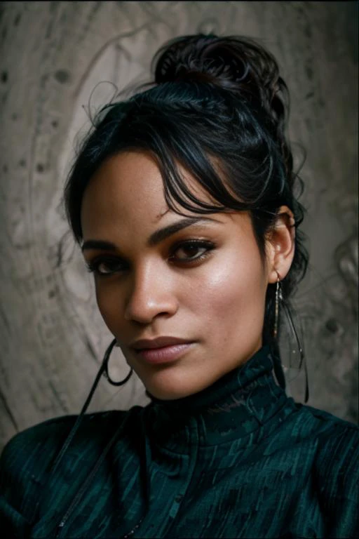 a close up of a woman with a black shirt and earrings