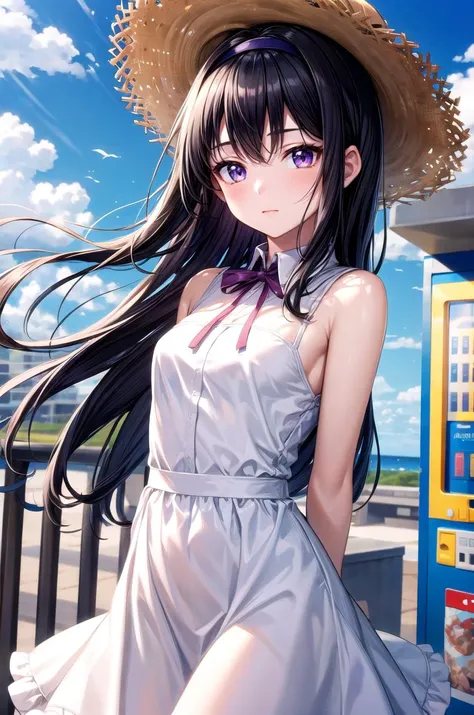 (masterpiece, best quality, detailed), 1girl, solo, looking at viewer, <lora:Akemi:0.8>, AkemiAi, purple eyes, black hair, ribbon, hairband, black hairband, neck ribbon, small breasts, long hair, breasts, bangs, sundress, white dress, frilled dress, (colla...