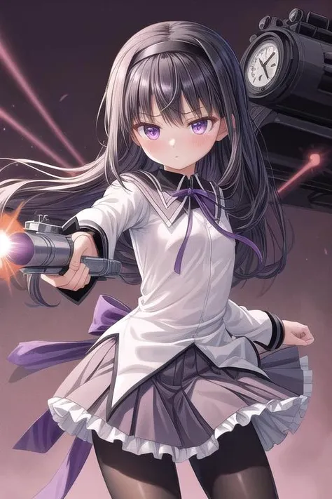 masterpiece,ultra-detailed,best quality,girl,comic style,petite,clock,iron gear,monochrome background,hold gun,missile,rocket launcher,aiming viewer,purple eyes,close up,table,black hair, ribbon, black hairband, neck ribbon, small breasts,long hair, blush,...