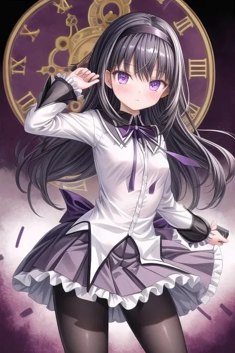 masterpiece,ultra-detailed,best quality,girl,comic style,petite,clock,gear,monochrome background,pistol,handgun,aiming,purple eyes,close up,table,black hair, ribbon, black hairband, neck ribbon, small breasts,long hair, blush, bangs,short over long sleeves...