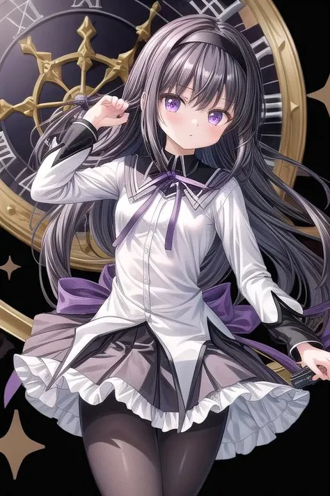 masterpiece,ultra-detailed,best quality,girl,comic style,petite,clock,gear,monochrome background,hold gun,aiming viewer,purple eyes,close up,table,black hair, ribbon, black hairband, neck ribbon, small breasts,long hair, blush, bangs,short over long sleeve...