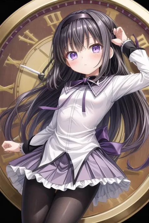 masterpiece,ultra-detailed,best quality,girl,comic style(chibi,petite),clock,monochrome background,purple eyes,close up,table,black hair, ribbon, black hairband, neck ribbon, small breasts,long hair, blush, bangs,short over long sleeves,white shirt,pleated...