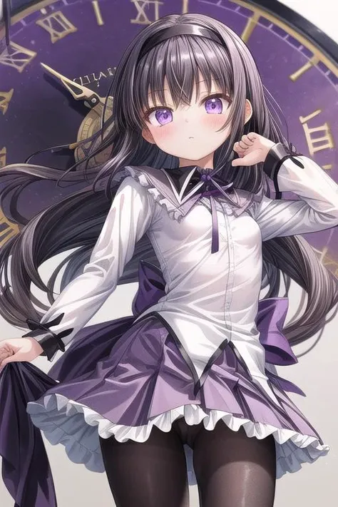 masterpiece,ultra-detailed,best quality,girl,comic style(chibi,petite),clock,monochrome background,pistol,handgun,purple eyes,close up,table,black hair, ribbon, black hairband, neck ribbon, small breasts,long hair, blush, bangs,short over long sleeves,whit...