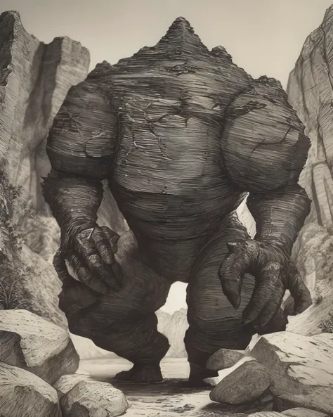 <lyco:epeulu-NAI-LyCORIS:0.9>, greyscale, monochrome, traditional media, no humans, 
a rock golem, outdoors, overgrowth