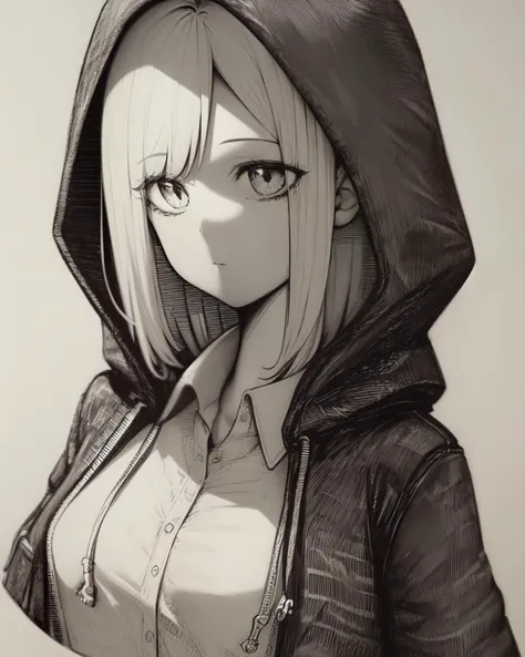 <lyco:epeulu-NAI-LyCORIS:0.9>, greyscale, monochrome,
1girl, solo, hood,  shirt, looking at viewer, multiple views, closed mouth, collared shirt, hood up, jacket, short hair, simple background, upper body