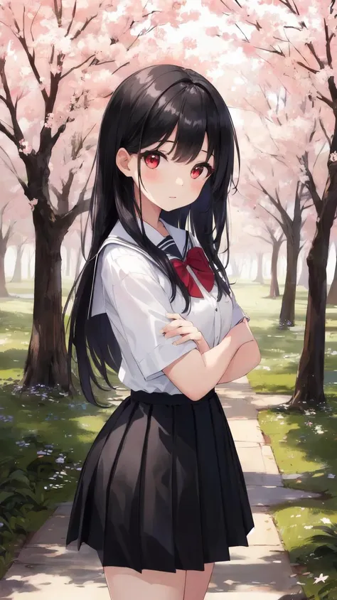 anime girl in a school uniform standing in a park with cherry trees