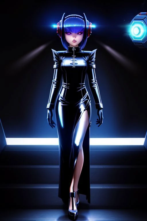 (Dark Persona:1), (fembot), (metallic fembot dress:1), (gleaming metallic dress), (high heels), (evil robotic eyes:1), (Brainwashing), (Mind Control),