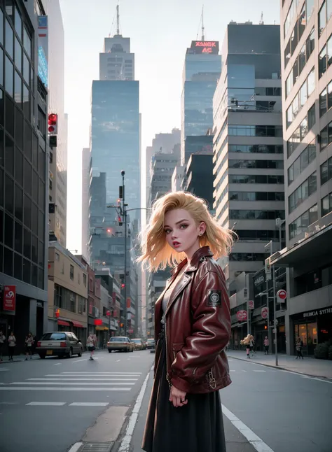 blond woman in a city street with tall buildings and a red leather jacket