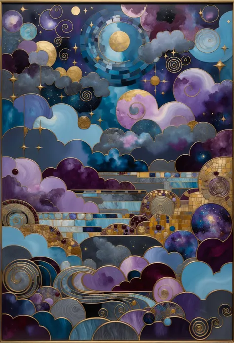 masterpiece, abstract art, night sky with clouds by bradley walker tomlin, gustav klimt, (shades of gray, light-blue, violet, go...