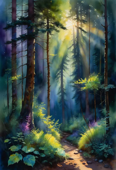 dark mysterious forest, perfect watercolor illustration, alcohol ink, crossed colors, highly detailed, dappled light, crepuscula...