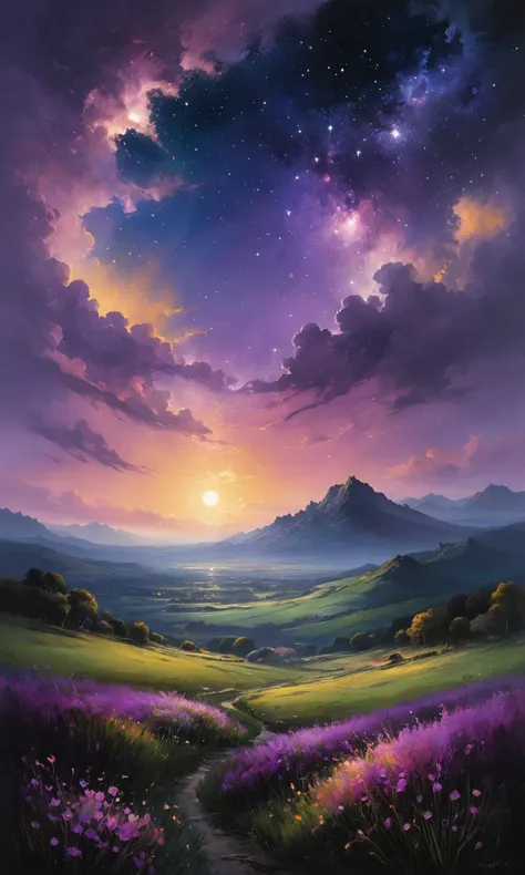 a painting of a purple field with flowers and a mountain in the background