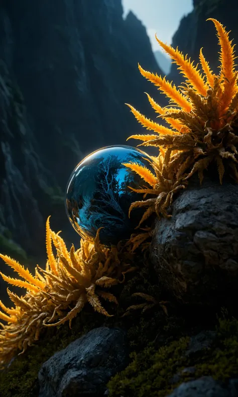 there is a glass ball sitting on a rock with a plant