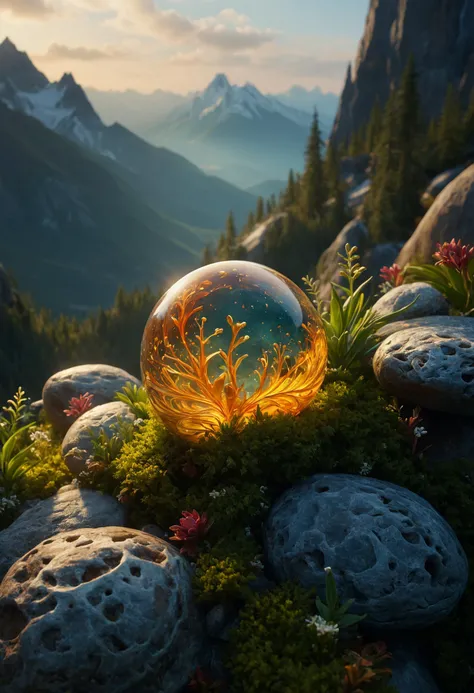 there is a glass ball sitting on a rock with a mountain in the background