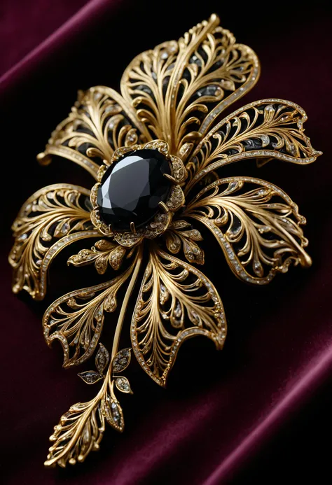 a close up of a brooch with a black stone in it