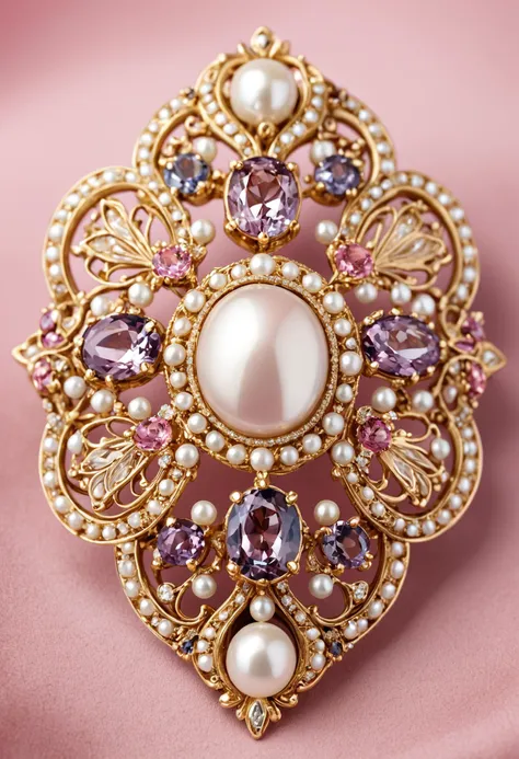 a close up of a brooch with pearls and gems