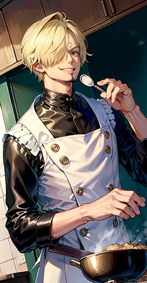 (absurd, high resolution, super detailed),delicate eyes, intricate detail, best quality, ultra high res, masterpiece,sanji2,hair_over_one_eye, <lora:sanji2:0.8>, 1 boy, focus, male, handsome, smile, suit, upper body, cooking in the kitchen, from below