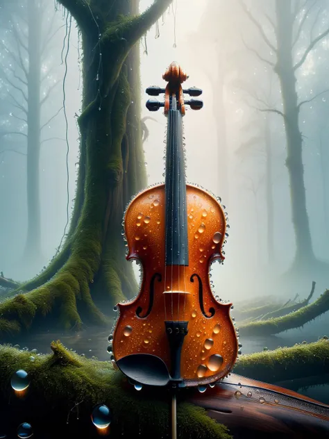 A classic violin left in a misty, enchanted forest. The fine wood and strings are covered in tiny ais-waterdrops, adding a layer of mystery and surrealism to the scene <lora:Waterdrops_Style_SDXL:1>