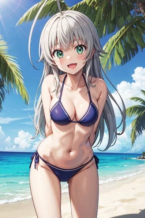 masterpiece,best quality,highres,ultra-detailed,aanyaruko,long hair,ahoge,<lora:nyarlathotep_(nyaruko-san):0.8>,beach,:d,arms_behind_back,leaning_forward,bikini,