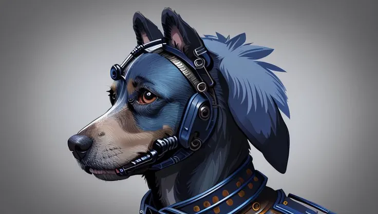 Portrait of a dog, steampunk, indigo blue, colorful, illustration, highly detailed, simple, smooth, and clean vector, no jagged lines, vector art, smooth, made all with grey colored gears inspired by future technology.