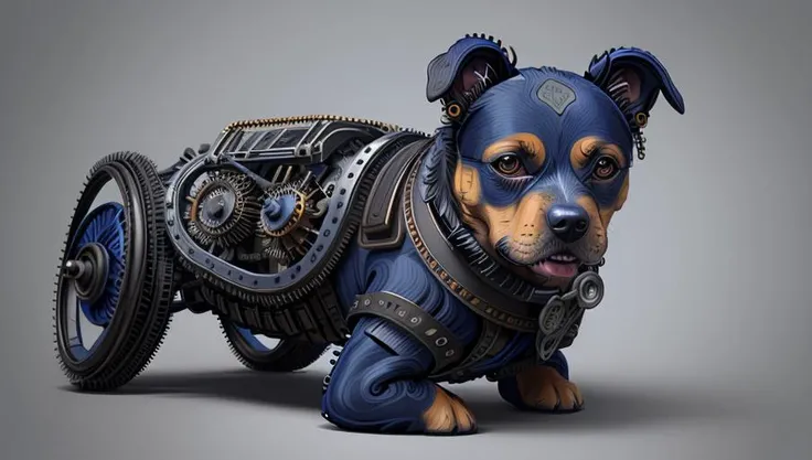 Portrait of a dog, steampunk, indigo blue, colorful, illustration, highly detailed, simple, smooth, and clean vector, no jagged lines, vector art, smooth, made all with grey colored gears inspired by future technology.