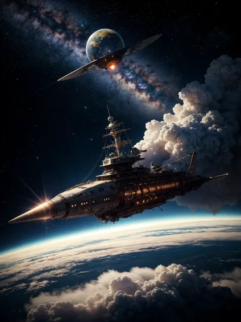 steampunkai, steampunk [spaceship | sailing ship] floating in space  <lora:add_detail:0.75> <lora:steampunkai:0.75>, milky way, dust clouds, particle clouds, rising star, alien scenery