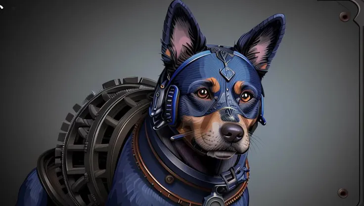 Portrait of a dog, steampunk, indigo blue, colorful, illustration, highly detailed, simple, smooth, and clean vector, no jagged lines, vector art, smooth, made all with grey colored gears inspired by future technology.