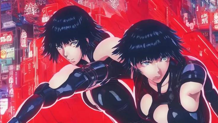 Anime art of ghost in the Shell, ultra detailed scene, red, perfect face, intricately detailed photorealism, trending on artstation, neon lights, rainy day, ray-traced environment, vintage 90s anime artwork.