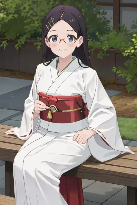 best quality, masterpiece, highres, solo, {white kimono:1.35}, {red hakama:1.35}, {wide sleeves:1.20}, {saito_kaede_encouragementofclimb:1.15}, black_hair, glasses, blush, long_hair, hairclip, hair_ornament, blue_eyes, smile