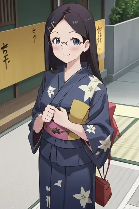 best quality, masterpiece, highres, solo, {yukata:1.40}, {kimono:1.20}, {saito_kaede_encouragementofclimb:1.15}, black_hair, glasses, blush, long_hair, hairclip, hair_ornament, blue_eyes, smile