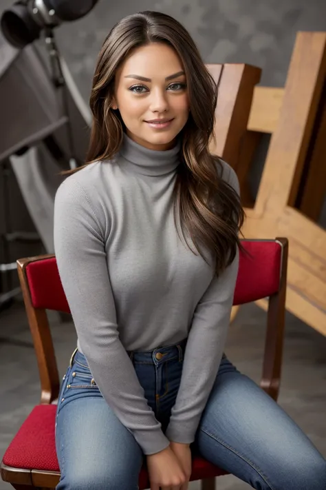 beautiful image of MK<lora:MK:1>, (masterpiece, highly detailed, best quality:1.2), Sitting in a chair, wearing a gray turtleneck, wearing a blue jeans, smiling slightly, (in a studio), detailed background, lots of technical equipment in background, brunet...