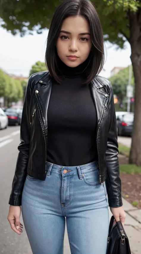 a woman in a black top and jeans is standing on the street