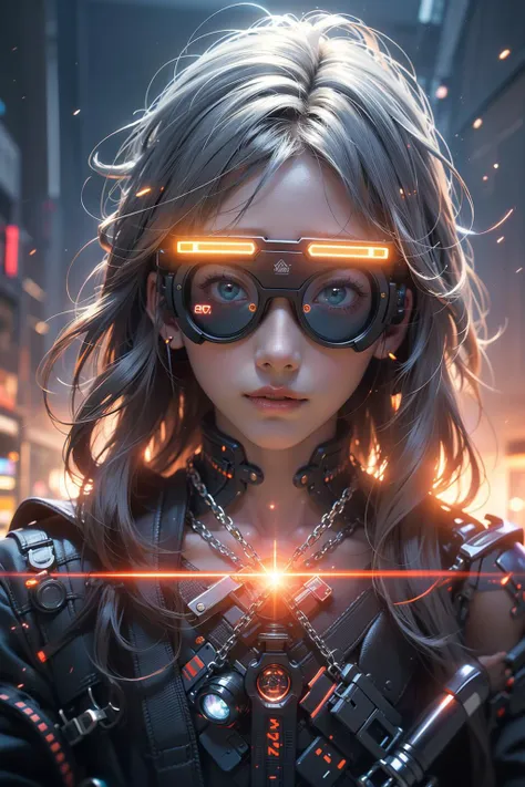 a woman in futuristic clothing and glasses with glowing lights