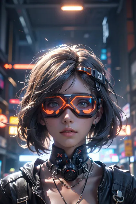 a woman with headphones and goggles standing in a city