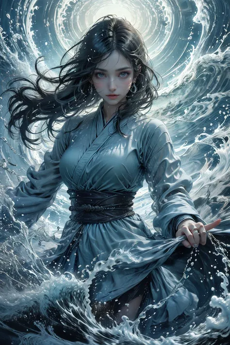 a woman in a blue dress holding a sword in the water