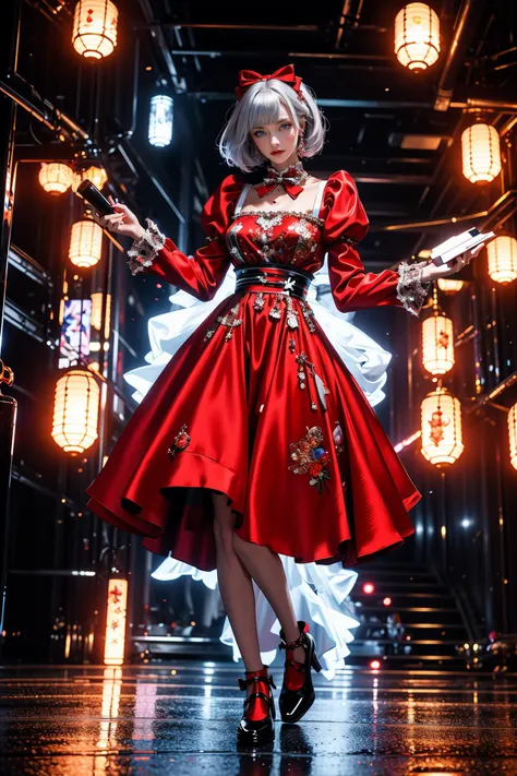 a woman in a red dress is standing in a dark room