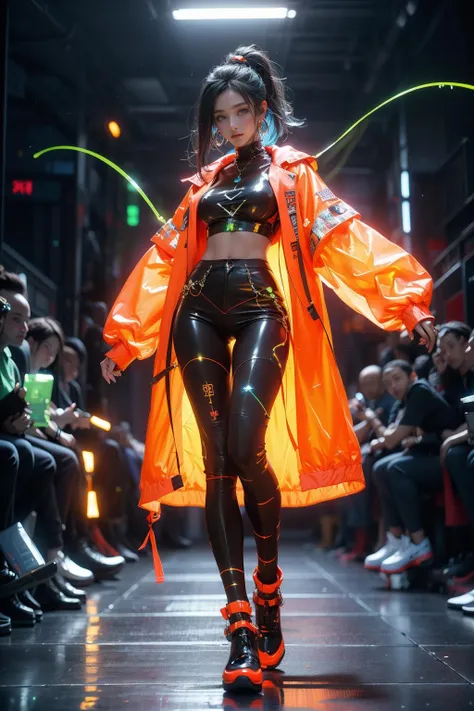 a woman in a neon outfit and neon jacket walking down a runway