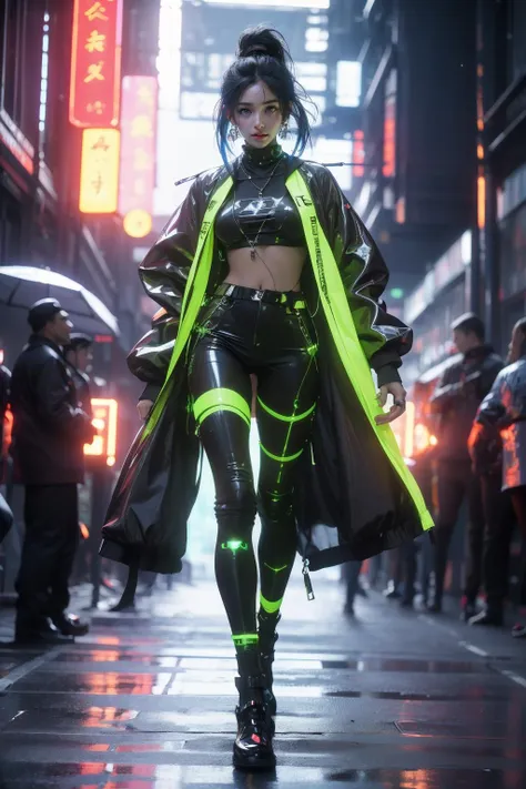 a woman in a neon outfit walking down a street