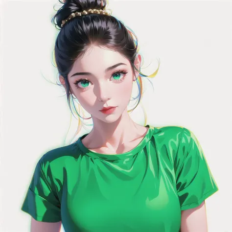 masterpiece, best quality, standing, black hair bun,(white background, ), cold face,  (green T shirt), pants, (fashionable clothing) ,happy,light effect,soft,super clear,high-definition picture, (front)