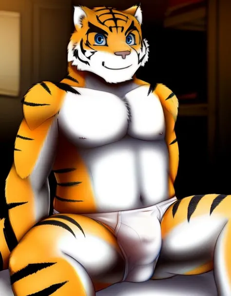 (((detailed eyes, detailed face))), (anthro, torahiko <lora:torahikoV2:0.8>, tiger tail), male, (solo), (plump), (white briefs <lora:bulge_brief_cum_xindigo_v2:1>, bulge <lora:bulg:1>, topless), sitting, arms behind back, smile BREAK (konzaburou, ukan_muri...