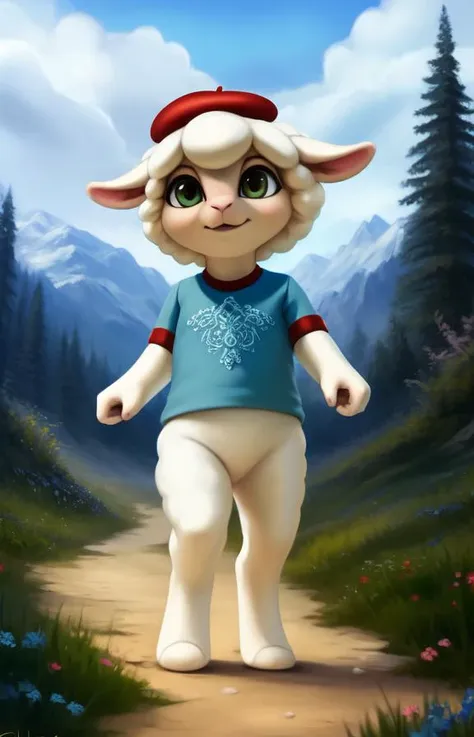 a cartoon sheep walking down a dirt road in a forest