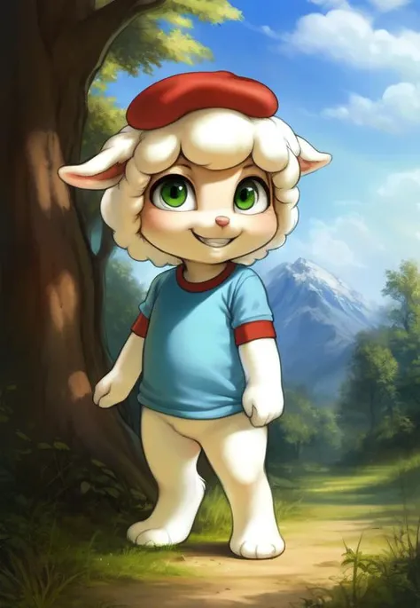 a cartoon sheep with a red hat and blue shirt standing in the woods