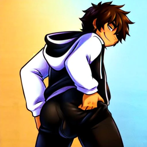 ((1boy wearing black track pants and white hoodie)),  shaggy brown hair, smirk, confident, prideful, full body, ((covered butt)), ((covered crotch bulge)),  standing, ((rear shot)), looking over shoulder,  <lora:AnimeMaleB-CV0.1:1>