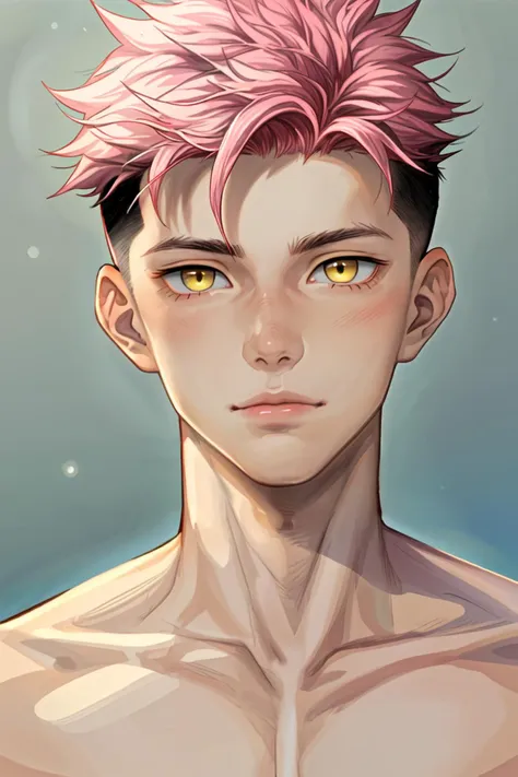 a close up of a person with pink hair and a shirt