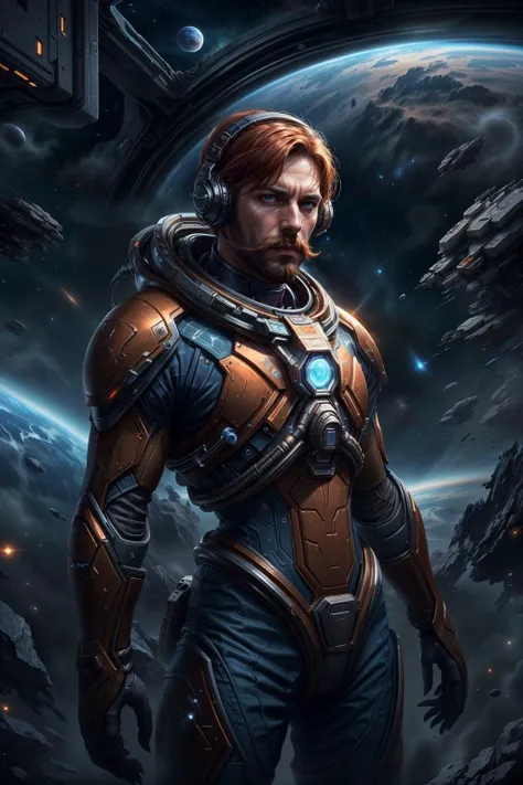 a man in a space suit standing in front of a planet